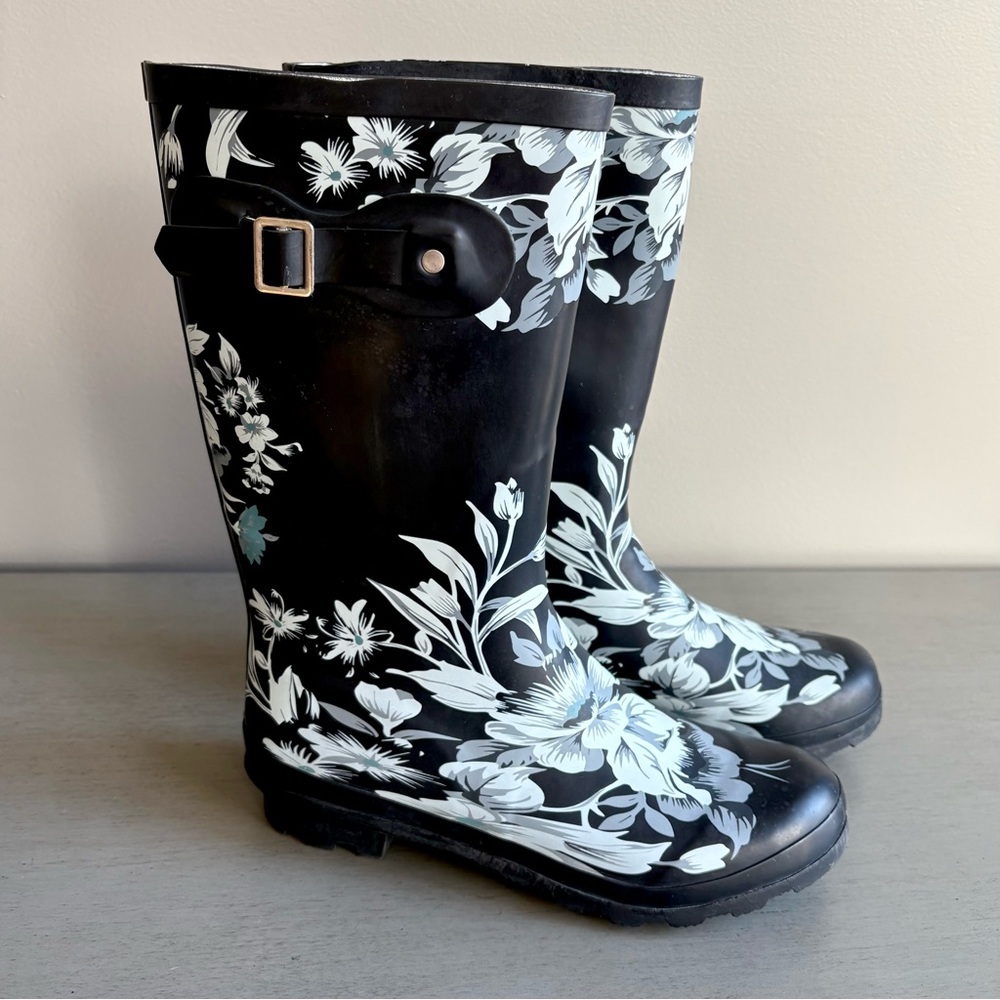 NORTY Black Floral Mid Calf Hurricane Rainboots Wellies Women Size 8 Outdoor